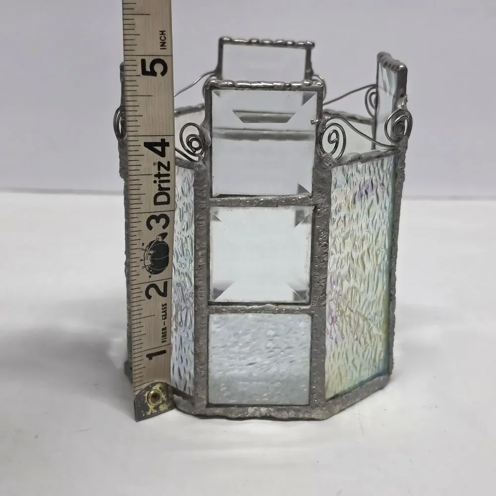 Vintage Stained Glass Votive Tea Light Candle Holder Clear Iridescent MCM